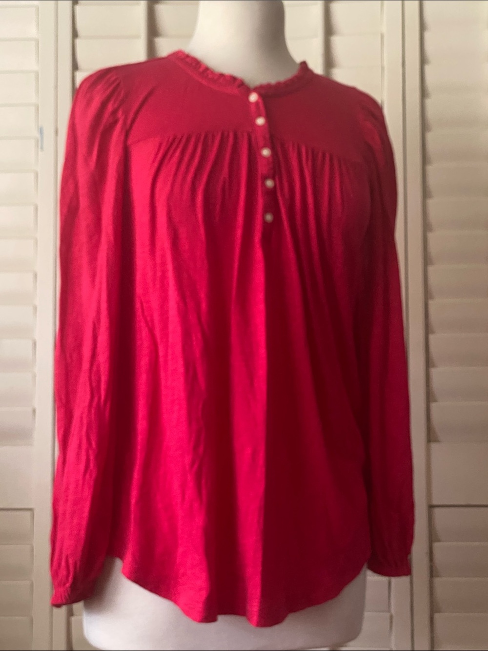 LOFT Red Long-Sleeve Button Yoke Blouse